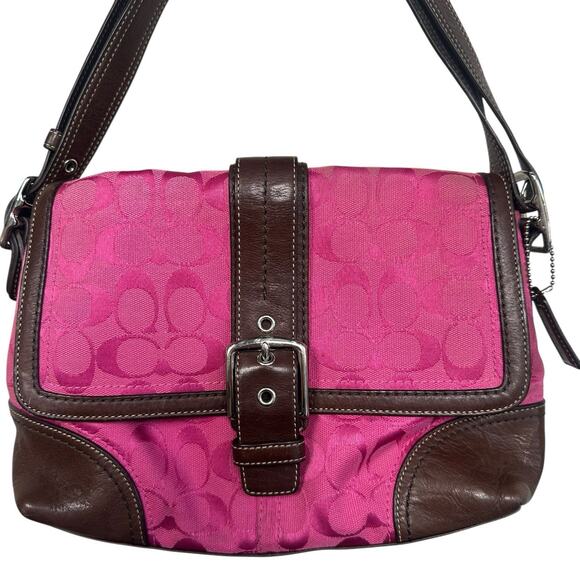 Coach Pink Hampton Signature C Canvas & Brown Leather Hobo Bag Y2K # F13018 - Picture 2 of 15